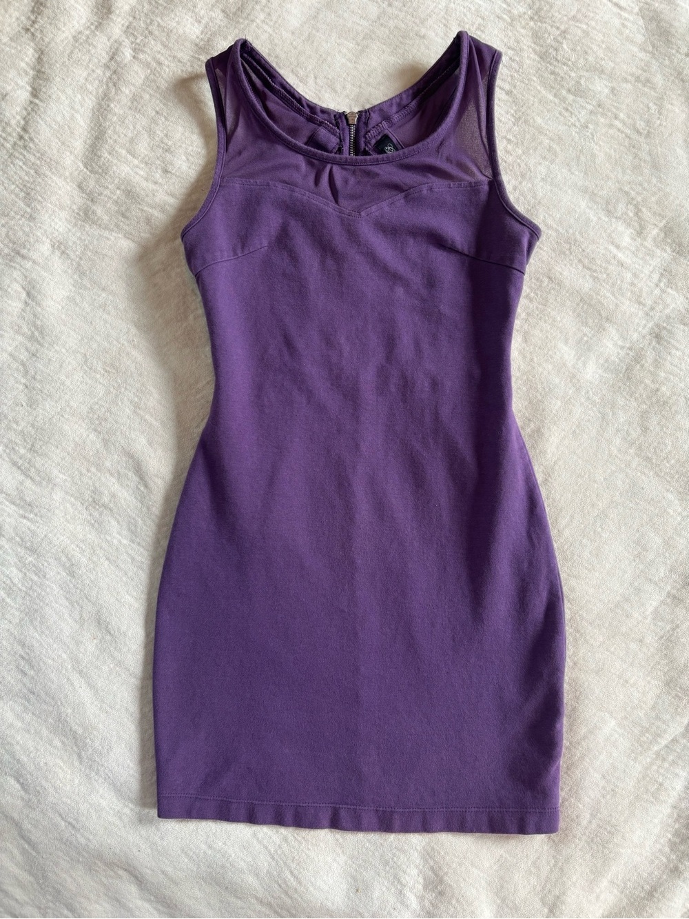 Guess Purple Bodycon Mini Dress Mesh Trim Zip Back Sleeveless Size Small